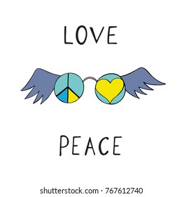 Love and Peace. Glasses with wings. Typography lettering design. Hippie style. 