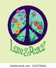 Love and Peace graphic, with elements of love, peace, and tranquility combined into one. The combination of flowers and the peace symbol graphically portray this, and the colours project it strongly.