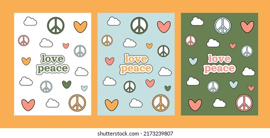 Love peace groovy 1970 set. Three postcards with colorful cartoon hearts and symbols peace. 70s vibes background. Trippy hand drawn vector illustration.