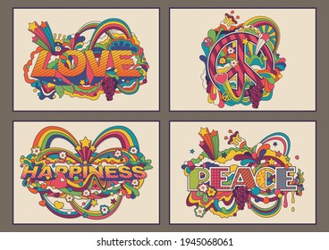 Love, Peace And Happiness Illustrations, 1960s Hippie Style Psychedelic Art Posters