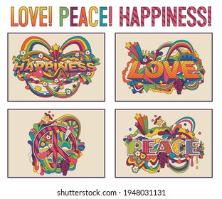 Love! Peace! Happiness! Psychedelic Hippie Art Poster Set