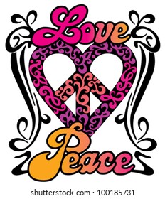 Love Peace Heart design in a retro 1960s-1970s style.