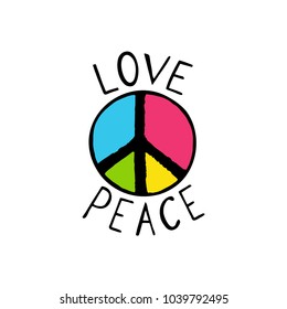 Love and Peace. Hippie color sign. Vector illustration.