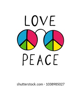 Love and peace hippie style design.  Text with sunglasses isolated on white background.