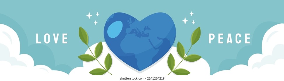 Love and Peace horizontal banner with Earth and clouds on blue background, modern flat design
