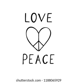 Love and peace inspirational quote about hippie. Black and white vector illustration isolated on white background.