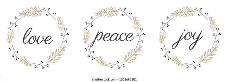 Love peace joy calligraphy inscription on a white background. Vector illustration.