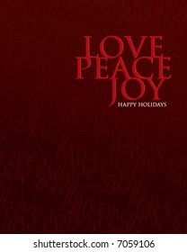 love peace joy happy holidays in red on a deep red background