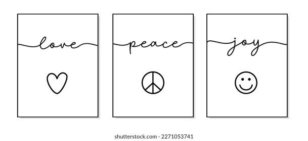 Love, Peace, Joy. Lettering typography poster. Icon symbols love, peace, joy. Bible, religious vector fun quote. Modern design workplace frame. Vector word illustration. Wall art bedroom, wall decor.