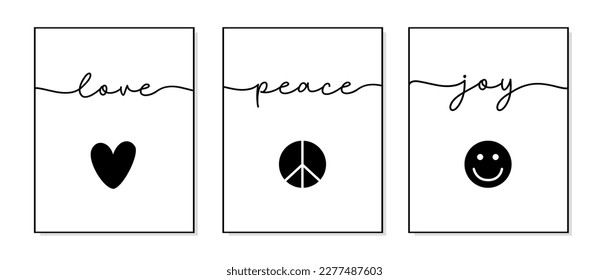 Love, Peace, Joy. Lettering typography poster. Icon symbols love, peace, joy. Bible, religious vector fun quote. Modern design workplace frame. Vector word illustration. Wall art bedroom, wall decor.