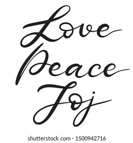 Love peace joy phrase. Merry Christmas and new year lettering vector illustration. Calligraphic Inscription for december holidays for banners, greeting cards, invitation, gifts, wrapping paper. EPS10
