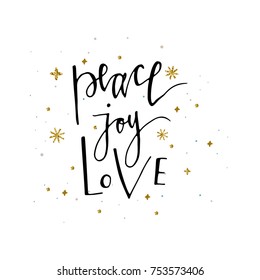 Love Peace Joy text and gold glitter snowflakes Holiday greetings quote isolated on white. Great for Christmas and New year cards, gift tags and labels. Vector illustration