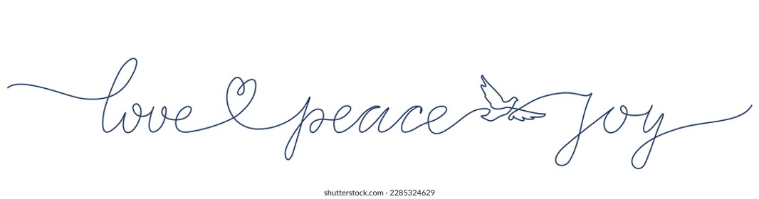 Love, Peace, Joy. Typography image with lettering. Bible, religious vector fun quote. Cursive one line сalligraphy black color text on white background Vector word illustration. 