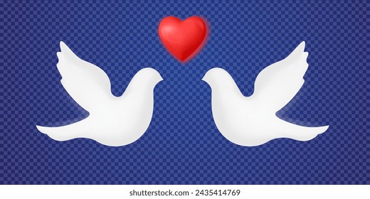 Love. peace, marriage symbol. Two white doves with red heart on transparent blue background. Vector illustration