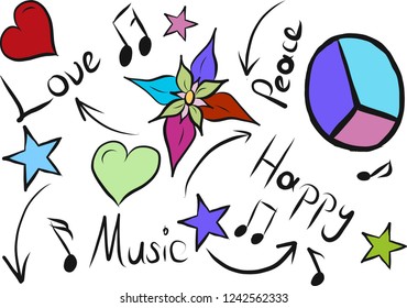 Love, peace, music, happy