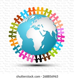 Love and Peace - People Holding Hands Around the Globe Vector Illustration