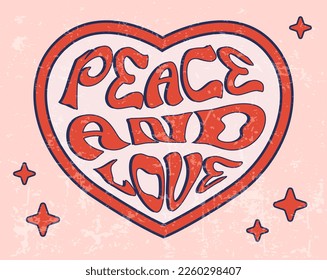 Love and Peace phrase in heart shape, groovy poster in 1970s style, lettering in groovy style, vector banner, poster, card with quotation in 70s old fashioned style.