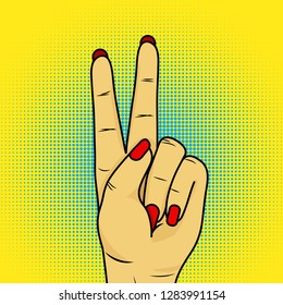 Love and peace. Pop art background with female hand with victory sign and speech bubble . Vector colorful hand drawn vector in retro comic style.