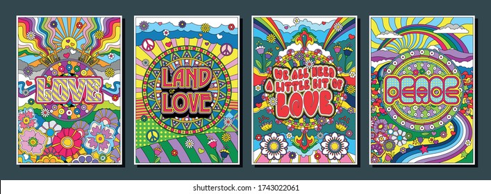 Love and Peace Poster Set, Hippie Style Psychedelic Art, Floral Background, Abstract Pattern Set 