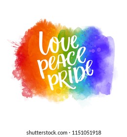 Love, peace, pride. Gay parade slogan handwritten on rainbow watercolor texture.