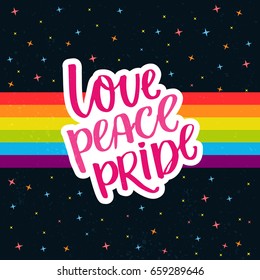 Love, peace, pride. Words on rainbow parade flag at dark sky with stars. Gay pride saying for stickers, t-shirts and posters