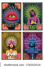 Love and Peace Psychedelic Art Style Posters, Young Women, Lips, Eye, Statue of Liberty, Mandala Elements, Abstract Flowers Background