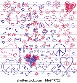  Love & Peace Sketchy Notebook Doodles Design Elements on Lined Sketchbook Paper Background- Vector Illustration