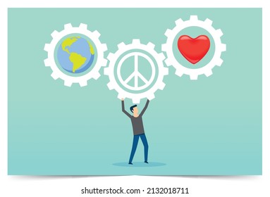 Love in peace, stop war, couple of the world diversity, representing competitive and busy life, pushing mechanism operation, Vector illustration design concept in flat style