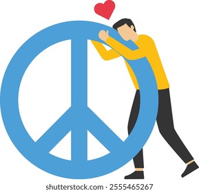 Love in peace, stop war, cute man hugs a globe, care of the planet, flat postcard for the peace day, love is all around the earth, Vector illustration design concept in flat style

