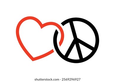 love and peace symbols intertwined, red heart and black pacifism sign, vector design element