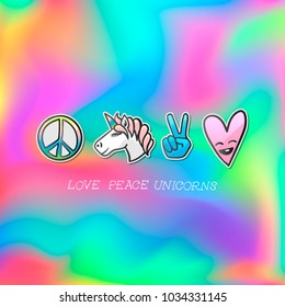 Love, peace, unicorns, cute emoji patches badge, vector illustration.