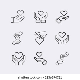 Love, peace vector line icon set. Hand holding heart