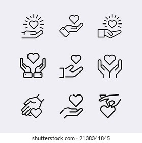 Love, peace vector line icon set. Hand holding heart