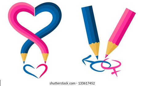 Love pencils and write characters , heart