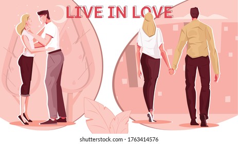 Love people flat composition with images of couple during date and outdoor walk with editable text vector illustration
