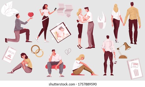 Love people set with flat icons of love letters rings and isolated human characters of lovers vector illustration