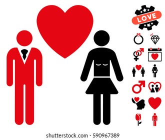 Love Persons icon with bonus lovely design elements. Vector illustration style is flat iconic intensive red and black symbols on white background.