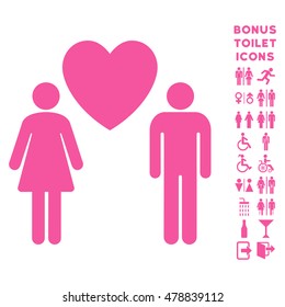 Love Persons icon and bonus man and lady WC symbols. Vector illustration style is flat iconic symbols, pink color, white background.