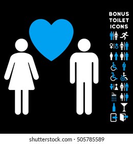 Love Persons icon and bonus man and lady lavatory symbols. Vector illustration style is flat iconic bicolor symbols, blue and white colors, black background.