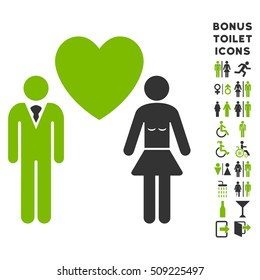 Love Persons icon and bonus man and female restroom symbols. Vector illustration style is flat iconic bicolor symbols, eco green and gray colors, white background.
