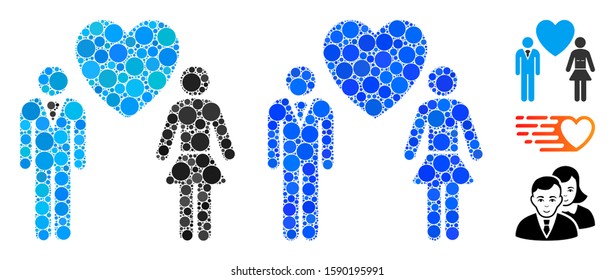 Love persons mosaic of spheric dots in different sizes and color tones, based on love persons icon. Vector round dots are composed into blue illustration.