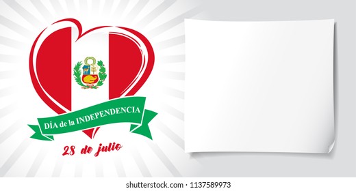 Love Peru poster with flag and spanish text Independence Day, 28 July. Peru Independence Day banner with heart in flag colors, green ribbon and white paper on beams background