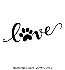 Love with pet footprint. Handwritten word Love with paw print. Design for pet lovers.