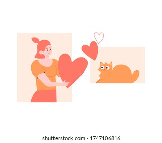 Love of pet and owner. Girl gives heart to a cat. Adoption an animal from a shelter. Vector flat illustration.