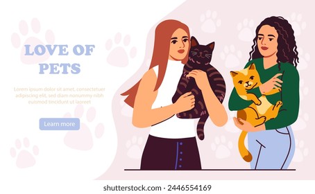 Love of pet poster. Women with purebred cats. Love and care about domestic animals. Charity, kindness and generosity. Landing webpage design. Cartoon flat vector illustration