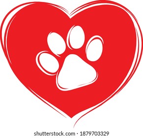I love Pet , Red Heart Symbol with animal paw print vector illustration