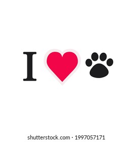 I love pet text symbol with red heart and cute cartoon cat's or dog's paw print. Vector illustration isolated on white background 