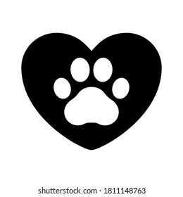 Love for pets. Paw prints. Dog or cat vector, icon. Footprint pet. Foot puppy isolated on white background. Black silhouette paw. Cute shape paw print. Walks for design. Animal track. Trace foot walks