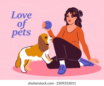 Afiche de amor a las mascotas. Mujer con juego de pelota con perro. Chica joven con cachorro. Los Propietarias aman a los animales domésticos. El personaje se encarga de mascotas peludas. Portada para redes sociales. Ilustración vectorial plana