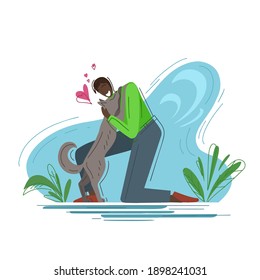 Love for pets. Trendy fashion illustration. Joyful african man hugging a dog on an abstract background. Helping homeless animals. Vector flat illustration for postcards, banners and your design.